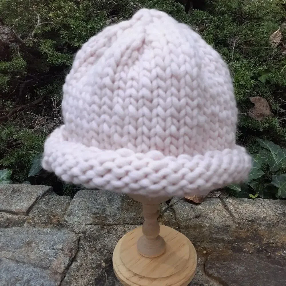 pink wool childrens beanie hand knit